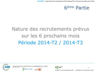 BaroJOB© - Le Baromètre des Compétences Informatique/TIC en Pays de Loire (Mars-Avril 2014)
© Copyright 2014 – Reproduction interditeBaroJOB® est une marque déposée de A2JV
6ème Partie
Nature des recrutements prévus
sur les 6 prochains mois
Période 2014-T2 / 2014-T3
37
 