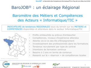BaroJOB© - Le Baromètre des Compétences Informatique/TIC en Pays de Loire (Mars-Avril 2014)
© Copyright 2014 – Reproduction interditeBaroJOB® est une marque déposée de A2JV
BaroJOB® : un éclairage Régional
9
• Profils embauchés ou prévus d’embaucher
• Compétences, niveaux d’expérience attendus
• Attente vis-à-vis des Ets d’Enseignement
• Investissement des professionnels dans les formations
• Tendance recrutement par type de contrat
• Intentions de formation continue
• Besoins à 3 ans en terme de contenus
• Ressenti sur le « réservoir » de compétences locales
INDICATEURS de tendances REGIONALES issus du terrain sur les METIERS et
COMPETENCES disponibles et attendues dans le secteur Informatique/TIC
BaroJOB est une marque déposée de A2JV
Baromètre des Métiers et Compétences
des Acteurs « Informatique/TIC »
 
