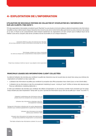 34
4- exploitation de l'information
75 %desorganisationsinterviewéesconsidèrentquele"BigData"(ousansdouteaminimalameilleurecollecteetexploitationdesinformations
recueillies sur leurs clients durant chaque interaction) les concerne, plus de la moitié d'entre elles ayant lancé (ou prévu de lancer) des projets
en ce sens. A l'heure où les comportements client évoluent rapidement, les organisations ont bien compris que la meilleure façon de les
fidéliser (voire de les conquérir) était de les connaître et de les reconnaître, et ce à chaque interaction.
Utilisation de nouveaux moyens de collecter et d'exploiter de l'information
sur les clients ("Big Data")
Projet trop complexe à mettre en œuvre / peu adapté à notre organisation
Technologies utilisées pour mieux comprendre
les clients et analyser leurs comportements (mode réactif et prédictif)
Lancement (effectif ou prévu) de projet de type “Big Data”
afin de mieux exploiter la masse d'informations accumulées sur les clients
53 %
36 %
25 %
Très faible utilisation des informations (collecte “au cas où”)
Utilisation des informations de manière très réactive pour
corriger des problèmes d'organisation ou de processus
Utilisation des informations de manière
réactive pour améliorer l'offre
Partage de l'information collectée avec les autres départements,
utilisation pour améliorer globalement la qualité des interactions
Utilisation des informations collectées à des ﬁns
principalement marketing
Intégration systématique des informations dans les
phases amont de conception de nouveaux produits
34 %
34 %
32 %
31 %
26 %
14 %
22 %
12 %
45 %
38 %
37 %
10 %
Principaux usages des informations client collectées
Au-delà de l'utilisation des données pour améliorer la qualité des interactions (qui est souvent plus du ressort des canaux eux-mêmes), les
organisations se focalisent sur deux sujets clés :
•	 L'utilisation des informations recueillies pour améliorer la conception des offres proposées à leurs clients (pour un tiers d'entre elles) ;
•	 L'utilisation de ces informations à des fins principalement marketing (à savoir : scoring et "push" d'offres en temps réel, réponses plus
fines aux sollicitations, marketing relationnel…).
A noter que l'utilisation des données pour améliorer des défauts d'organisation ou de processus semble moins prioritaire que l'an passé,
l'enjeu résidant plus dans l'exploitation "temps réel" (au sens "que faire de l'information que je viens de recueillir pour "closer" ma vente ?").
 