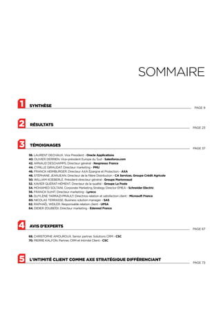 5
SOMMAIRE
synthèse11 Page 9
Page 23
tÉmoignages
avis d'experts
L'INTIMITÉ CLIENT COMME AXE STRATÉGIQUE DIFFÉRENCIANT
1
1
1
3
4
5
Page 37
Page 67
Page 73
rÉsultats12
38. Laurent Dechaux. Vice President - Oracle Applications
40. Olivier Derrien. Vice-président Europe du Sud - Salesforce.com
42. Arnaud Deschamps. Directeur général - Nespresso France
44. Cyrille Giraudat. Directeur marketing - PMU
46. Franck Heimburger. Directeur AXA Épargne et Protection - AXA
48. Stéphane Jeanjean. Directeur de la filière Distribution - CA Services. Groupe Crédit Agricole
50. William Koeberlé. Président-directeur général - Groupe Marionnaud
52. Xavier Quérat-Hément. Directeur de la qualité - Groupe La Poste
54. Mohamed Soltani. Corporate Marketing Strategy Director EMEA - Schneider Electric
56. Franck Suhit. Directeur marketing - Lyreco
58. Guylène Tarrazi-Prault. Directrice relation et satisfaction client - Microsoft France
60. Nicolas Terrasse. Business solution manager - SAS
62. Raphaël Weiler. Responsable relation client - UPSA
64. Didier Zoubeïdi. Directeur marketing - Edenred France
68. Christophe Amouroux. Senior partner, Solutions CRM - CSC
70. Pierre Kalfon. Partner, CRM et Intimité Client - CSC
 