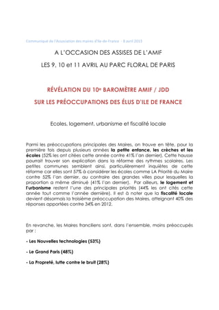 Communiqué de l'Association des maires d'Ile-de-France - 8 avril 2013


                A L’OCCASION DES ASSISES DE L’AMIF

        LES 9, 10 et 11 AVRIL AU PARC FLORAL DE PARIS



            RÉVÉLATION DU 10e BAROMÈTRE AMIF / JDD

    SUR LES PRÉOCCUPATIONS DES ÉLUS D’ILE DE FRANCE


              Ecoles, logement, urbanisme et fiscalité locale


Parmi les préoccupations principales des Maires, on trouve en tête, pour la
première fois depuis plusieurs années la petite enfance, les crèches et les
écoles (52% les ont citées cette année contre 41% l’an dernier). Cette hausse
pourrait trouver son explication dans la réforme des rythmes scolaires. Les
petites communes semblent ainsi, particulièrement inquiètes de cette
réforme car elles sont 57% à considérer les écoles comme LA Priorité du Maire
contre 52% l’an dernier, au contraire des grandes villes pour lesquelles la
proportion a même diminué (41% l’an dernier). Par ailleurs, le logement et
l’urbanisme restent l’une des principales priorités (44% les ont cités cette
année tout comme l’année dernière). Il est à noter que la fiscalité locale
devient désormais la troisième préoccupation des Maires, atteignant 40% des
réponses apportées contre 34% en 2012.



En revanche, les Maires franciliens sont, dans l’ensemble, moins préoccupés
par :

- Les Nouvelles technologies (53%)

- Le Grand Paris (48%)

- La Propreté, lutte contre le bruit (28%)
 