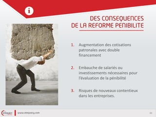49
1. Augmentation des cotisations
patronales avec double
financement
2. Embauche de salariés ou
investissements nécessaires pour
l’évaluation de la pénibilité
3. Risques de nouveaux contentieux
dans les entreprises.
 
