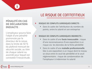 50
RISQUE DE CONFLITS JURIDIQUES DIRECTS :
 Dans le cadre de l'attribution du nombre de
points, entre le salarié et son entreprise
RISQUE DE CONFLITS JURIDIQUES INDIRECTS :
 Dans le cadre d’une faute inexcusable : risque
d’une reconnaissance d'une exposition à un
risque via les données de la fiche pénibilité
 Dans le cadre d’une maladie professionnelle
liée à une exposition à un risque dont le niveau
se situe entre le seuil de pénibilité et le seuil
réglementaire : risque de condamnation de
l'employeur à indemniser le salarié
PÉNALITÉ EN CAS
DE DÉCLARATION
INEXACTE :
L'employeur pourra faire
l'objet d'une pénalité
prononcée par le
directeur de la caisse,
dans la limite de 50 %
du plafond mensuel de
sécurité sociale, au titre
de chaque salarié ou
assimilé pour lequel est
constatée l'inexactitude.
 