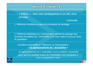 « Inférer » : tirer une conséquence d ’un fait, d’un
    p
    principe
          p
                                              Larousse
L ’inférence constitue le cœur du processus du sondage
                                  p                 g



L ’inférence statistique ou l ’extrapolation permet le passage des
données recueillies sur l ’échantillon à la vraie valeur inconnue dans
la population

   Condition essentielle à l ’inférence ou l’extrapolation :
              « la représentativité de l ’échantillon »
                                           échantillon
    la représentativité de l ’échantillon est la condition essentielle
    pour que les résultats issues de l’échantillon soit extrapolés à
                                       l échantillon
                       toute la population mère
 