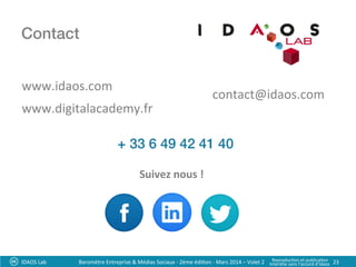 Contact!
IDAOS	
  Lab	
   23	
  
www.idaos.com	
  
contact@idaos.com	
  
Suivez	
  nous	
  !	
  
+ 33 6 49 42 41 40!
www.digitalacademy.fr	
  
Baromètre	
  Entreprise	
  &	
  Médias	
  Sociaux	
  -­‐	
  2ème	
  édi?on	
  -­‐	
  Mars	
  2014	
  –	
  Volet	
  2	
   Reproduc?on	
  et	
  publica?on	
  	
  
Interdite	
  sans	
  l’accord	
  d’Idaos	
  
 