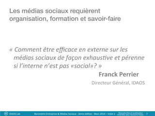 Les médias sociaux requièrent!
organisation, formation et savoir-faire !
«	
  Comment	
  être	
  eﬃcace	
  en	
  externe	
  sur	
  les	
  
médias	
  sociaux	
  de	
  façon	
  exhaus8ve	
  et	
  pérenne	
  
si	
  l’interne	
  n’est	
  pas	
  «social»?	
  »	
  
	
   	
  Franck	
  Perrier	
  
	
   	
  Directeur	
  Général,	
  IDAOS	
  	
  
IDAOS	
  Lab	
   7	
  Baromètre	
  Entreprise	
  &	
  Médias	
  Sociaux	
  -­‐	
  2ème	
  édi?on	
  -­‐	
  Mars	
  2014	
  –	
  Volet	
  2	
   Reproduc?on	
  et	
  publica?on	
  	
  
Interdite	
  sans	
  l’accord	
  d’Idaos	
  
 
