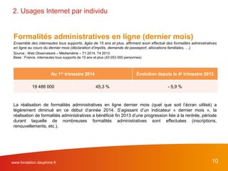 Formalités administratives en ligne (dernier mois)
Ensemble des internautes tous supports, âgés de 15 ans et plus, affirmant avoir effectué des formalités administratives
en ligne au cours du dernier mois (déclaration d’impôts, demande de passeport, allocations familiales, …)
Source : Web Observatoire – Médiamétrie – T1 2014, T4 2013
Base : France, internautes tous supports de 15 ans et plus (43 053 000 personnes)
La réalisation de formalités administratives en ligne dernier mois (quel que soit l’écran utilisé) a
légèrement diminué en ce début d’année 2014. S’agissant d’un indicateur « dernier mois », la
réalisation de formalités administratives a bénéficié fin 2013 d’une progression liée à la rentrée, période
durant laquelle de nombreuses formalités administratives sont effectuées (inscriptions,
renouvellements, etc.).
www.fondation.dauphine.fr 10
2. Usages Internet par individu
Au 1er trimestre 2014 Évolution depuis le 4e trimestre 2013
19 486 000 45,3 % - 5,9 %
 