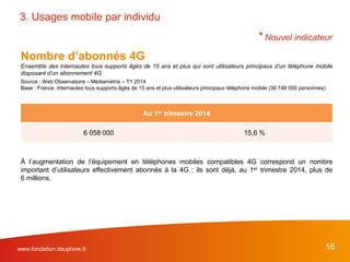 Nombre d’abonnés 4G
Ensemble des internautes tous supports âgés de 15 ans et plus qui sont utilisateurs principaux d’un téléphone mobile
disposant d’un abonnement 4G
Source : Web Observatoire – Médiamétrie – T1 2014
Base : France, internautes tous supports âgés de 15 ans et plus utilisateurs principaux téléphone mobile (38 748 000 personnes)
À l’augmentation de l’équipement en téléphones mobiles compatibles 4G correspond un nombre
important d’utilisateurs effectivement abonnés à la 4G : ils sont déjà, au 1er trimestre 2014, plus de
6 millions.
www.fondation.dauphine.fr 16
3. Usages mobile par individu
Au 1er trimestre 2014
6 058 000 15,6 %
* Nouvel indicateur
 