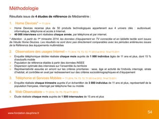 www.fondation.dauphine.fr
Résultats issus de 4 études de référence de Médiamétrie :
1. Home Devices* – T1 2014
 Home Devices recense plus de 50 produits technologiques appartenant aux 4 univers clés : audiovisuel,
informatique, téléphonie et accès à Internet.
 40 000 interviews sont réalisées chaque année, par téléphone et par internet.
* Attention : à partir du 1er trimestre 2014, les données d’équipement en TV connectée et en tablette tactile sont issues
de l’étude Home Devices. Les résultats ne sont donc pas directement comparables avec les périodes antérieures issues
de la Référence des équipements multimédias
2. Observatoire des usages Internet – T1 2014, T4, T3, T2, T1 2013 et 2012, T4 et T3 2011
 Enquête téléphonique dédiée réalisée chaque mois auprès de 1 000 individus âgés de 11 ans et plus, dont 15 %
d’exclusifs mobile
 Population de référence établie à partir des données INSEE
 Dispersion optimale des interviews sur l’ensemble du territoire
 Représentativité assurée en amont sur les critères prioritaires : sexe, âge et activité de l’individu interrogé, strate
d’habitat, et contrôlée en aval par redressement sur des critères sociodémographiques et d’équipement
3. Téléphonie et Services Mobiles – T1 2014, T4, T3, T2, T1 2013 et 2012, T4 et T3 2011
 Enquête réalisée chaque trimestre auprès d’un échantillon de 3 000 individus de 11 ans et plus, représentatif de la
population française, interrogé par téléphone fixe ou mobile
4. Web Observatoire – T1 2014, T4, T3, T2 et T1 2013
 Étude réalisée chaque mois auprès de 1 800 internautes de 15 ans et plus
54
Méthodologie
 