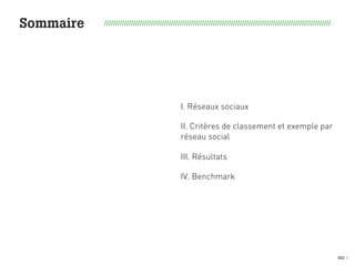 002 I
I. Réseaux sociaux
II. Critères de classement et exemple par
réseau social
III. Résultats
IV. Benchmark
Sommaire //////////////////////////////////////////////////////////////////////////////////////////////////////
 