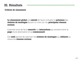 0024 I24
III. Résultats ///////////////////////////////////////////////////////////////////////////////////////////////
Le classement global est calculé de façon à étudier la présence des
stations de montagne durant un mois sur les principaux réseaux
sociaux.
Il permet ainsi de faire ressortir les interactions qui existent entre la
page d’une destination et sa communauté.
Cet outil permet de valoriser les stations de montagne qui utilisent au
mieux les réseaux sociaux.
Critères de classement
 