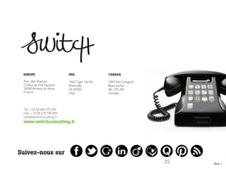 0025 I25
Tel. + 33 (0) 450 275 349
Cell. + 33 (0) 675 705 859
info@switchconsulting.fr
www.switchconsulting.fr
Suivez-nous sur
Parc des Glaisins	

13 Rue du Pré Paillard	

74940 Annecy-le-Vieux	

France
1060 Tiger Tail Dr
Riverside,
CA 92506
USA
EUROPE USA
1029 Rue Longpré
Mascouche,
QC J7K 2X6
Canada
CANADA
 