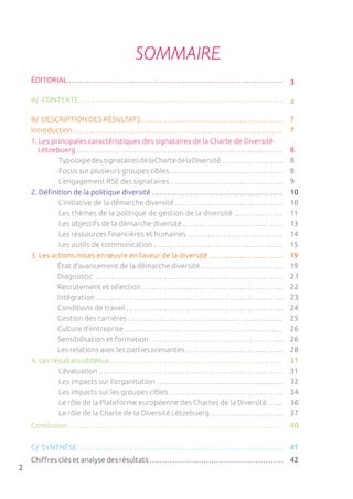 2
SOMMAIRE
ÉDITORIAL ...................................................................................
A/ CONTEXTE ...............................................................................
B/ DESCRIPTION DES RÉSULTATS .......................................................
Introduction .................................................................................
1. Les principales caractéristiques des signataires de la Charte de Diversité
Lëtzebuerg ................................................................................
TypologiedessignatairesdelaChartedelaDiversité........................
Focus sur plusieurs groupes cibles ............................................
L’engagement RSE des signataires ............................................
2. Définition de la politique diversité ...................................................
L’initiative de la démarche diversité ..........................................
Les thèmes de la politique de gestion de la diversité ...................
Les objectifs de la démarche diversité .......................................
Les ressources financières et humaines .....................................
Les outils de communication ..................................................
3. Les actions mises en œuvre en faveur de la diversité .............................
	 État d’avancement de la démarche diversité ................................
	 Diagnostic .........................................................................
	 Recrutement et sélection .......................................................
	 Intégration .........................................................................
	 Conditions de travail .............................................................
	 Gestion des carrières ............................................................
	 Culture d’entreprise .............................................................
	 Sensibilisation et formation ....................................................
	 Les relations avec les parties prenantes ......................................
4. Les résultats obtenus ...................................................................
L’évaluation ........................................................................
Les impacts sur l’organisation .................................................
Les impacts sur les groupes cibles ............................................
Le rôle de la Plateforme européenne des Chartes de la Diversité ......
Le rôle de la Charte de la Diversité Lëtzebuerg ............................
Conclusion ...................................................................................
C/ SYNTHÈSE ...............................................................................
Chiffres clés et analyse des résultats ....................................................
3
4
7
7
8
8
8
9
10
10
11
13
14
15
19
19
21
22
23
24
25
26
26
28
31
31
32
34
36
37
40
41
42
 