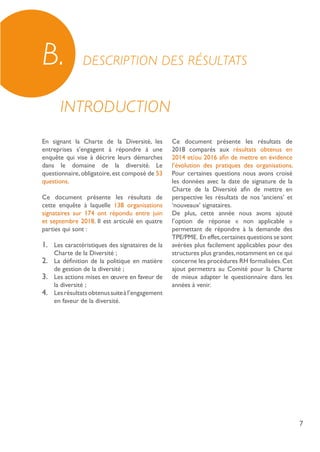 7
En signant la Charte de la Diversité, les
entreprises s’engagent à répondre à une
enquête qui vise à décrire leurs démarches
dans le domaine de la diversité. Le
questionnaire,obligatoire,est composé de 53
questions.
Ce document présente les résultats de
cette enquête à laquelle 138 organisations
signataires sur 174 ont répondu entre juin
et septembre 2018. Il est articulé en quatre
parties qui sont :
1.	 Les caractéristiques des signataires de la
Charte de la Diversité ;
2.	 La définition de la politique en matière
de gestion de la diversité ;
3.	 Les actions mises en œuvre en faveur de
la diversité ;
4.	 Lesrésultatsobtenussuiteàl’engagement
en faveur de la diversité.
Ce document présente les résultats de
2018 comparés aux résultats obtenus en
2014 et/ou 2016 afin de mettre en évidence
l’évolution des pratiques des organisations.
Pour certaines questions nous avons croisé
les données avec la date de signature de la
Charte de la Diversité afin de mettre en
perspective les résultats de nos ‘anciens’ et
‘nouveaux’ signataires.
De plus, cette année nous avons ajouté
l’option de réponse « non applicable »
permettant de répondre à la demande des
TPE/PME. En effet,certaines questions se sont
avérées plus facilement applicables pour des
structures plus grandes,notamment en ce qui
concerne les procédures RH formalisées.Cet
ajout permettra au Comité pour la Charte
de mieux adapter le questionnaire dans les
années à venir.
DESCRIPTION DES RÉSULTATSB.
INTRODUCTION
 