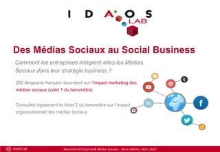 Des Médias Sociaux au Social Business
Comment les entreprises intègrent-elles les Médias
Sociaux dans leur stratégie business ?
200 dirigeants français répondent sur l’Impact marketing des
médias sociaux (volet 1 du baromètre).
Consultez également le Volet 2 du baromètre sur l’impact
organisationnel des médias sociaux.

IDAOS Lab

Baromètre Entreprise & Médias Sociaux - 2ème édition - Mars 2014

 