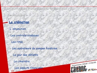 Un point sur les Français âgés de 40 ans et plus Les décisions La crémation L'inhumation Les contrats obsèques Les rites Les opérateurs de pompes funèbres Le jour des défunts Le cimetière Les aspects financiers 