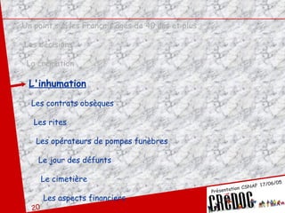 Un point sur les Français âgés de 40 ans et plus Les décisions La crémation L'inhumation Les contrats obsèques Les rites Les opérateurs de pompes funèbres Le jour des défunts Le cimetière Les aspects financiers 