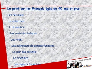 Un point sur les Français âgés de 40 ans et plus Les décisions La crémation L'inhumation Les contrats obsèques Les rites Les opérateurs de pompes funèbres Le jour des défunts Le cimetière Les aspects financiers 