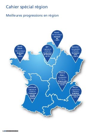 56 Expectra - Baromètre 2014 
Cahier spécial région 
Meilleures progressions en région 
Nord : 
RH & Juridique 
Assistant 
RH 
+ 4,8 % 
Nord-Est : 
Comptabilité 
& Finance 
Technicien 
paie 
+ 3,6 % 
Nord- 
Ouest : 
RH & Juridique 
Assistant 
RH 
+ 3,3 % 
IDF : 
Ingénerie & 
Industries 
Conducteur 
de travaux 
+ 3,1 % 
Rhône- 
Alpes : 
Comptabilité 
& Finance 
Responsable 
comptabilité 
+ 4,9 % 
PACA : 
Ingénerie & 
Industries 
Ingénieur 
d’études R&D 
+ 5,5 % 
Sud-Ouest : 
Ingénerie & 
Industries 
Technicien 
contôle 
qualité 
+ 5,6 %  