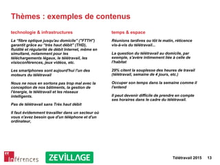 Télétravail 2015 13
Thèmes : exemples de contenus
technologie & infrastructures
La “fibre optique jusqu'au domicile” ("FTTH")
garantit grâce au “très haut débit” (THD),
fluidité et régularité de débit Internet, même en
simultané, notamment pour les
téléchargements légaux, le télétravail, les
visioconférences, jeux vidéos, etc.
Les smartphones sont aujourd'hui l'un des
moteurs du télétravail
Nous ne nous en sortons pas trop mal avec la
conception de nos bâtiments, la gestion de
l'énergie, le télétravail et les réseaux
intelligents.
Pas de télétravail sans Très haut débit
Il faut évidemment travailler dans un secteur où
vous n'avez besoin que d'un téléphone et d'un
ordinateur,
temps & espace
Réunions tardives ou tôt le matin, réticence
vis-à-vis du télétravail...
La question du télétravail au domicile, par
exemple, s'avère intimement liée à celle de
l'habitat
29% citent la souplesse des heures de travail
(télétravail, semaine de 4 jours, etc.)
Occuper son temps dans la semaine comme il
l'entend
Il peut devenir difficile de prendre en compte
ses horaires dans le cadre du télétravail.
 