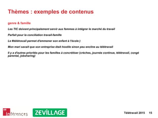 Télétravail 2015 15
Thèmes : exemples de contenus
genre & famille
Les TIC doivent principalement servir aux femmes à intégrer le marché du travail
Parfait pour la conciliation travail-famille
Le #télétravail permet d'emmener son enfant à l'école:)
Mon mari savait que son entreprise était hostile sinon peu encline au télétravail
Il y a d'autres priorités pour les familles à concrétiser (crèches, journée continue, télétravail, congé
parental, jobsharing)
 