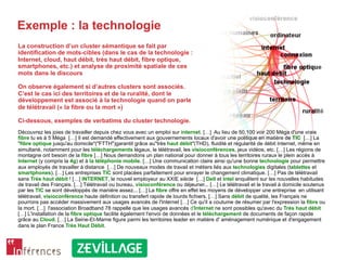 Exemple : la technologie
Découvrez les joies de travailler depuis chez vous avec un emploi sur internet. […] Au lieu de 50,100 voir 200 Méga d'une vraie
fibre tu es à 5 Méga […] Il est demandé effectivement aux gouvernements locaux d'avoir une politique en matière de TIC […] La
"fibre optique jusqu'au domicile"("FTTH")garantit grâce au"très haut débit"(THD), fluidité et régularité de débit Internet, même en
simultané, notamment pour les téléchargements légaux, le télétravail, les visioconférences, jeux vidéos, etc. […] Les régions de
montagne ont besoin de la fibre […] Nous demandons un plan national pour donner à tous les territoires ruraux le plein accès à
Internet (y compris la 4g) et à la téléphonie mobile. […] Une communication claire ainsi qu'une bonne technologie pour permettre
aux employés de travailler à distance […] De nouveaux modes de travail et métiers liés aux technologies digitales (tablettes et
smartphones). […] Les entreprises TIC sont placées parfaitement pour enrayer le changement climatique. […] Pas de télétravail
sans Très haut débit ! […] INTERNET, le nouvel employeur au XXIE siècle […] Dell et Intel enquêtent sur les nouvelles habitudes
de travail des Français. […] Télétravail ou bureau, visioconférence ou déjeuner... […] Le télétravail et le travail à domicile soutenus
par les TIC se sont développés de manière assez... […] La fibre offre en effet les moyens de développer une entreprise en utilisant
télétravail, visioconférence haute définition ou transfert rapide de lourds fichiers. […] Sans débit de qualité, les Français ne
pourrons pas accéder massivement aux usages avancés de l'Internet […] Ce qu'il a coutume de résumer par l'expression la fibre ou
la mort. […] l'association Broadband 78 rappelle que les usages avancés d'Internet ne sont possibles qu'avec du Très haut débit
[…] L'installation de la fibre optique facilite également l'envoi de données et le téléchargement de documents de façon rapide
grâce au Cloud. […] La Seine-Et-Marne figure parmi les territoires leader en matière d' aménagement numérique et d'engagement
dans le plan France Très Haut Débit.
La construction d’un cluster sémantique se fait par
identification de mots-cibles (dans le cas de la technologie :
Internet, cloud, haut débit, très haut débit, fibre optique,
smartphones, etc.) et analyse de proximité spatiale de ces
mots dans le discours
On observe également si d’autres clusters sont associés.
C’est le cas ici des territoires et de la ruralité, dont le
développement est associé à la technologie quand on parle
de télétravail (« la fibre ou la mort »)
Ci-dessous, exemples de verbatims du cluster technologie.
 