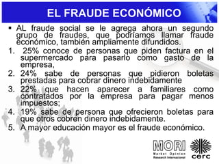  AL fraude social se le agrega ahora un segundo
grupo de fraudes, que podríamos llamar fraude
económico, también ampliamente difundidos.
1. 25% conoce de personas que piden factura en el
supermercado para pasarlo como gasto de la
empresa,
2. 24% sabe de personas que pidieron boletas
prestadas para cobrar dinero indebidamente
3. 22% que hacen aparecer a familiares como
contratados por la empresa para pagar menos
impuestos;
4. 19% sabe de persona que ofrecieron boletas para
que otros cobren dinero indebidamente.
5. A mayor educación mayor es el fraude económico.
EL FRAUDE ECONÓMICO
 