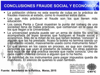  La población chilena no esta exenta de culpa en la práctica de
fraudes masivos al estado, como lo muestran estos datos.
 Los que más práctican el fraude son los que tienen más
educación.
 Los casos Penta y Caval muestran la punta del iceberg de una
sociedad llena de malas prácticas, que comienzan en la casa de
los que llegan a la Universidad.
 La universidad gratuita puede ser un arma de doble filo sino va
acompañada de leyes severas que fustiguen el fraude social y
económico. Más de la mitad de los que tienen boletas “conocen” a
alguien que las ha prestado. Acaso la boleta no termina siendo un
instrumento viciado, masivamente usado como instrumento falso?
 Lo que vemos en los casos en proceso, es que son cientos de
personas los que usan el prestamo de boletas. En otras palabras
está lejos de ser una práctica secreta que nadie conocía. Uno de
cada cuatro chilenos conoce a alguien que lo ha hecho.
 La debilidad de los instrumentos para pagar impuestos queda de
manifiesto. El silencio de quienes lo usan también.
CONCLUSIONES FRAUDE SOCIAL Y ECONÓMICO
Fuente: Barómetro de la Política, Marzo, 2015
 