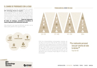 INTRODUCCIÓN I DEFINICIÓN I FACTORES I PERFIL I CASOS I ANEXOS
Entre los emprendedores entrevistados menores de
30 años se encuentra Pepe Borrell, joven fundador de
CrowdCube, quien asegura que su concepción del éxito
sebasaenlarealizaciónpersonal,“porencimadetodolo
demás”. Albert Nieto, otro joven emprendedor fundador
de Seedtag, es el propósito el fundamento último del
éxito; para él, el éxito se manifiesta al constatar que “la
aportación de su empresa mejora algo en un sector de
la sociedad”.
PRIORIZACIÓN DEL ÉXITO POR EDAD
EL CAMBIO DE PRIORIDADES CON LA EDAD
20-30 31-40 41-50 50+
En concordancia con las conclusiones de Lynnette
MIT Technology Review en español ha detectado una
brecha generacional en la concepción del éxito de los
emprendedores. En el caso de los españoles, los más
jóvenes se decantan por la faceta de la autorrealización
y por el propósito, mientras que los más mayores optan
por considerar la excelencia como el aspecto más
importante de su visión del éxito. Todos los segmentos
de edad, sin embargo, consideran el beneficio el
menos relevante de los elementos del éxito.
Esta evolución que sigue la definición de éxito con la
edad queda patente en la siguiente tabla:
“La realización personal
esta por encima de todo
lo demás.
”
	 Pepe Borrell
BENEFICIO
EXCELENCIA
INNOVACIÓNPROPÓSITO
AUTORREALIZACIÓN
 