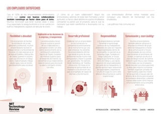 INTRODUCCIÓN I DEFINICIÓN I FACTORES I PERFIL I CASOS I ANEXOS
Casi el 100% de los emprendedores entrevistados
afirma que contar con buenos colaboradores
también constituye un factor clave para el éxito.
Muchos reconocen que tener buenas ideas o estar
muy capacitado no asegura el éxito si no se cuenta con
buenos trabajadores capaces de ejecutar la visión.
¿Y cómo es un buen colaborador? Según los
entrevistados, además de estar bien formados y tener
aptitudes, un factor clave del éxito es que los empleados
compartan la pasión por el proyecto, para lo que es
necesario que estén satisfechos e ilusionados con su
trabajo.
Los entrevistados afirman tomar medidas para
conseguir una relación de hermandad con los
empleados.
Las políticas más comunes son:
LOS EMPLEADOS SATISFECHOS
Con el propósito de facilitar
la conciliación de la vida
personal y profesional, muchos
emprendedores facilitan el
trabajo remoto o la flexibilidad de
horarios. Un claro ejemplo es el
de Manuel Estellés y Marisa Wic,
de Oteara, quienes ni siquiera
usan sus oficinas en el trabajo
diario. Cada empleado trabaja
desde casa y solo se reúnen
periódicamente para socializar.
Los entrevistados tienen
muy en cuenta la opinión
de sus colaboradores y
comparten el éxito con ellos
como reconocimiento de su
contribución a alcanzarlo.
Nacho de Pinedo, fundador
del Instituto Superior para
el Desarrollo de Internet, ha
convertido a sus colaboradores
clave en socios para reconocer
su labor y compartir el éxito
con ellos.
Colaborar con un emprendedor
en los comienzos no
compensa económicamente
de la misma forma que una
gran empresa. No obstante,
los emprendedores afirman
que desde el punto de vista
profesional resulta mucho más
enriquecedor y hacen lo posible
por garantizarlo. Por ejemplo,
Ander Michelena, de Ticketbis,
ofrece a los 18 meses en la
empresa la oportunidad de un
traslado a una oficina en otro
país acompañado de clases de
idiomas y otra formación.
Los emprendedores también
fomentan el aprendizaje
continuo de sus trabajadores
dotándoles de cada vez mayores
responsabilidades dentro de
la compañía. Un ejemplo es la
empresa Gigas, fundada por
Diego Cabezudo, en la que
asegura que fomenta un gran
ritmo de trabajo y una rápida
asunción de responsabilidades
por parte de los trabajadores, lo
que les aporta mayor adquisición
de capacidades y experiencia:
“Un año en Gigas es como siete
años en otra empresa en cuanto
a aprendizaje”.
Muchos emprendedores
también dedican esfuerzos a
impulsar la cohesión de grupo
entre los trabajadores a través
de la comunicación e incluso
de actividades de ocio común
que fomentan el sentimiento de
unidad. Un ejemplo de ello es el
caso de Sergio Escoté, de Optima
Network, quien lleva a cabo charlas
informales con los empleados
donde discuten sus preocupaciones
e ideas para mejorar la empresa.
También organizan jornadas de
team building cada tres meses
en las que todo el equipo sale del
entorno de la oficina para socializar
en contextos distendidos y plantear
nuevas ideas sobre cómo mejorar
el funcionamiento de la compañía
entre todos.
Flexibilidad o ubicuidad:
Implicación en las decisiones de
la empresa y transparencia: Desarrollo profesional: Responsabilidad: Comunicación y team building:
 