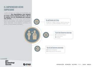 INTRODUCCIÓN I DEFINICIÓN I FACTORES I PERFIL I CASOS I ANEXOS
EL EMPRENDEDOR HECHO
EMPRESARIO
¿Cuál es la línea que separa al emprendedor del
empresario? Hay emprendedores cuya inquietud
por lanzar nuevos proyectos les lleva a salir de
su empresa una vez consolidada para comenzar
otra aventura, mientras que otros emprendedores
prefieren permanecer a las riendas de la empresa.
Estos emprendedores convertidos en empresarios
deben desarrollar nuevos talentos orientados a la
gestión y a la estrategia empresarial.
Su definición de Éxito:
Su kit de factores internos:
Su kit de factores externos:
Excelencia, calidad superior de los productos
o servicios y profesionalidad en la ejecución.
Visión estratégica.
Optimismo.
Equipo.
Red de contactos.
Manejo de la financiación.
 