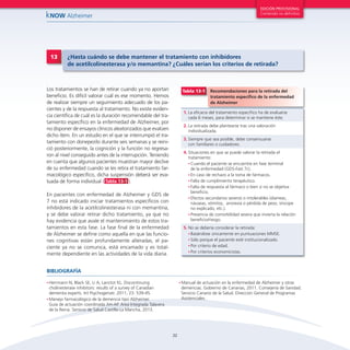 22
kNOW Alzheimer
EDICIÓN PROVISIONAL
Contenido no definitivo
Los tratamientos se han de retirar cuando ya no aportan
beneficio. Es difícil valorar cuál es ese momento. Hemos
de realizar siempre un seguimiento adecuado de los pa-
cientes y de la respuesta al tratamiento. No existe eviden-
cia científica de cuál es la duración recomendable del tra-
tamiento específico en la enfermedad de Alzheimer, por
no disponer de ensayos clínicos aleatorizados que evalúen
dicho ítem. En un estudio en el que se interrumpió el tra-
tamiento con donepezilo durante seis semanas y se reini-
ció posteriormente, la cognición y la función no regresa-
ron al nivel conseguido antes de la interrupción. Teniendo
en cuenta que algunos pacientes muestran mayor declive
de su enfermedad cuando se les retira el tra­tamiento far-
macológico específico, dicha suspensión deberá ser eva-
luada de forma individual ( Tabla 13-1 ).
En pacientes con enfermedad de Alzheimer y GDS de
7 no está indicado iniciar tratamientos específicos con
inhibidores de la acetilcolinesterasa ni con memantina,
y se debe valorar retirar dicho tratamiento, ya que no
hay evidencia que avale el mantenimiento de estos tra­
tamientos en esta fase. La fase final de la enfermedad
de Alzheimer se define como aquella en que las funcio-
nes cognitivas están profundamente alteradas, el pa-
ciente ya no se comunica, está encamado y es total-
mente dependiente en las actividades de la vida diaria.
13 ¿Hasta cuándo se debe mantener el tratamiento con inhibidores
de acetilcolinesterasa y/o memantina? ¿Cuáles serían los criterios de retirada?
•	Herrmann N, Black SE, Li A, Lanctot KL. Discontinuing
cholinesterase inhibitors: results of a survey of Canadian
dementia experts. Int Psychogeriatr. 2011; 23: 539-45.
•	Manejo farmacológico de la demencia tipo Alzheimer.
Guía de actuación coordinada AH-AP. Area Integrada Talavera
de la Reina. Servicio de Salud Castilla-La Mancha, 2013.
•	Manual de actuación en la enfermedad de Alzheimer y otras
demencias. Gobierno de Canarias, 2011. Consejería de Sanidad.
Servicio Canario de la Salud. Dirección General de Programas
Asistenciales.
BIBLIOGRAFÍA
Tabla 13-1 Recomendaciones para la retirada del
tratamiento específico de la enfermedad
de Alzheimer
1.	La eficacia del tratamiento específico ha de evaluarse
cada 6 meses, para determinar si se mantiene éste.
2.	La retirada debe plantearse tras una valoración
individualizada.
3.	Siempre que sea posible, debe consensuarse
con familiares o cuidadores.
4.	Situaciones en que se puede valorar la retirada el
tratamiento:
•	Cuando el paciente se encuentre en fase terminal
de la enfermedad (GDS-Fast 7c).
•	En caso de rechazo a la toma de fármacos.
•	Falta de cumplimiento terapéutico.
•	Falta de respuesta al fármaco o bien si no se objetiva
beneficio.
•	Efectos secundarios severos o intolerables (diarreas,
náuseas, vómitos, anorexia o pérdida de peso, síncope
no explicado, etc.).
•	Presencia de comorbilidad severa que invierta la relación
beneficio/riesgo.
5.	No se debería considerar la retirada:
•	Basándose únicamente en puntuaciones MMSE.
•	Sólo porque el paciente esté institucionalizado.
•	Por criterio de edad.
•	Por criterios economicistas.
 