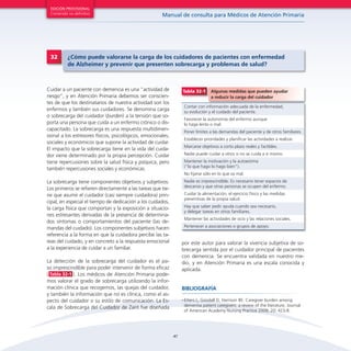 47
Manual de consulta para Médicos de Atención Primaria
EDICIÓN PROVISIONAL
Contenido no definitivo
Cuidar a un paciente con demencia es una “actividad de
riesgo”, y en Atención Primaria debemos ser conscien-
tes de que los destinatarios de nuestra actividad son los
enfermos y también sus cuidadores. Se denomina carga
o sobrecarga del cuidador (burden) a la tensión que so-
porta una persona que cuida a un enfermo crónico o dis-
capacitado. La sobrecarga es una respuesta multidimen-
sional a los estresores físicos, psicológicos, emocionales,
sociales y económicos que supone la actividad de cuidar.
El impacto que la sobrecarga tiene en la vida del cuida-
dor viene determinado por la propia percepción. Cuidar
tiene repercusiones sobre la salud física y psíquica, pero
también repercusiones sociales y económicas.
La sobrecarga tiene componentes objetivos y subjetivos.
Los primeros se refieren directamente a las tareas que tie-
ne que asumir el cuidador (casi siempre cuidadora) prin-
cipal, en especial el tiempo de dedicación a los cuidados,
la carga física que comportan y la exposición a situacio-
nes estresantes derivadas de la presencia de determina-
dos síntomas o comportamientos del paciente (las de-
mandas del cuidado). Los componentes subjetivos hacen
referencia a la forma en que la cuidadora percibe las ta-
reas del cuidado, y en concreto a la respuesta emocional
a la experiencia de cuidar a un familiar.
La detección de la sobrecarga del cuidador es el pa-
so imprescindible para poder intervenir de forma eficaz
( Tabla 32-1 ). Los médicos de Atención Primaria pode-
mos valorar el grado de sobrecarga utilizando la infor-
mación clínica que recogemos, las quejas del cuidador,
y también la información que no es clínica, como el as-
pecto del cuidador o su estilo de comunicación. La Es-
cala de Sobrecarga del Cuidador de Zarit fue diseñada
por este autor para valorar la vivencia subjetiva de so-
brecarga sentida por el cuidador principal de pacientes
con demencia. Se encuentra validada en nuestro me-
dio, y en Atención Primaria es una escala conocida y
aplicada.
32 ¿Cómo puede valorarse la carga de los cuidadores de pacientes con enfermedad
de Alzheimer y prevenir que presenten sobrecarga y problemas de salud?
•	Etters L, Goodall D, Harrison BE. Caregiver burden among
dementia patient caregivers: a review of the literature. Journal
of American Academy Nursing Practice 2008; 20: 423-8.
BIBLIOGRAFÍA
Contar con información adecuada de la enfermedad,
su evolución y el cuidado del paciente.
Favorecer la autonomía del enfermo aunque
lo haga lento o mal.
Poner límites a las demandas del paciente y de otros familiares.
Establecer prioridades y planificar las actividades a realizar.
Marcarse objetivos a corto plazo reales y factibles.
Nadie puede cuidar a otros si no se cuida a sí mismo.
Mantener la motivación y la autoestima
(“lo que hago lo hago bien”).
No fijarse sólo en lo que va mal.
Nadie es imprescindible. Es necesario tener espacios de
descanso y que otras personas se ocupen del enfermo.
Cuidar la alimentación, el ejercicio físico y las medidas
preventivas de la propia salud.
Hay que saber pedir ayuda cuando sea necesario,
y delegar tareas en otros familiares.
Mantener las actividades de ocio y las relaciones sociales.
Pertenecer a asociaciones o grupos de apoyo.
Tabla 32-1 Algunas medidas que pueden ayudar
a reducir la carga del cuidador
 