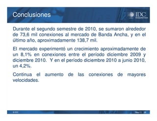 Conclusiones

Durante el segundo semestre de 2010, se sumaron alrededor
de 73,6 mil conexiones al mercado de Banda Ancha, y en el
último año, aproximadamente 138,7 mil.
El mercado experimentó un crecimiento aproximadamente de
un 8,1% en conexiones entre el período diciembre 2009 y
diciembre 2010. Y en el período diciembre 2010 a junio 2010,
un 4,2%.
Continua el aumento de las conexiones de mayores
velocidades.




© IDC                                                  May-11   28
 