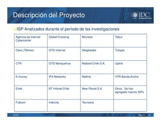 Descripción del Proyecto

ISP Analizados durante el período de las investigaciones
  Agencia de Internet   Global Crossing    Movistar             Telsur
  Cybercenter


  Claro (Telmex)        GTD Internet       Netglobalis          Tutopia



  CTR                   GTD Manquehue      Netland Chile S.A.   Uplink



  E-money               IFX Networks       Netline              VTR Banda Ancha



  Entel                 BT Infonet Chile   New Planet S.A       Otros. Se han
                                                                agregado nuevos ISPs


  Fullcom               Intercity          Tecnoera



© IDC                                                                             May-11   6
 