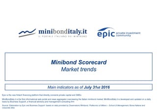 Main indicators as of July 31st 2016
Minibond Scorecard
Market trends
Source: Elaboration by Epic and Business Support based on data provided by Osservatorio Minibond, Politecnico di Milano – School of Management, Borsa Italiana and
corporate sites
MiniBondItaly.it is the first informational web portal and news aggregator overviewing the Italian minibond market. MiniBondItaly.it is developed and updated on a daily
basis by Business Support, a financial advisory and management consulting firm
Epic is the new fintech financing platform that directly connects private capital and SMEs
 