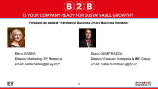 13
Diana DUMITRAȘCU
Director Executiv, Kompass & IBP Group
email: diana.dumitrascu@ibp.ro
Persoane de contact “Barometrul Business-2more-Business România”
Elena BADEA
Director Marketing, EY Romania
email: elena.badea@ro.ey.com
 