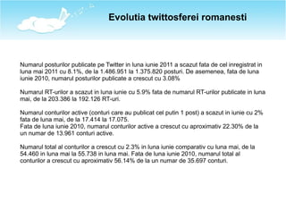 Evolutia twittosferei romanesti



Numarul posturilor publicate pe Twitter in luna iunie 2011 a scazut fata de cel inregis...