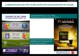 Baromobile 2014 
La géolocalisation pour être au plus proche de la personnalisation du message 
Campagne géolocalisée sur Lens et région 
Médiaplanning en affinité (Télé7jours, RTL Foot …) 
Campagne diffusée de 6h00 à 10h00 
Médiaplanning en affinité (News : le Point, Europe 1, Libération …)  