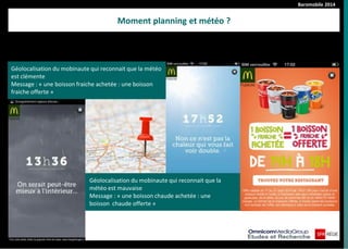Baromobile 2014
Géolocalisation du mobinaute qui reconnait que la météo
est clémente
Message : « une boisson fraiche achetée : une boisson
fraiche offerte »
Géolocalisation du mobinaute qui reconnait que la
météo est mauvaise
Message : « une boisson chaude achetée : une
boisson chaude offerte »
Moment planning et météo ?
 