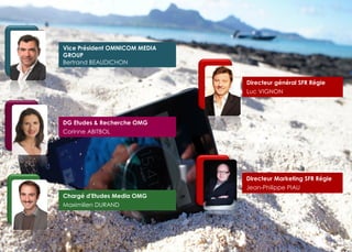 Chargé d'Etudes Media OMG
Maximilien DURAND
Vice Président OMNICOM MEDIA
GROUP
Bertrand BEAUDICHON
Directeur général SFR Régie
Luc VIGNON
Directeur Marketing SFR Régie
Jean-Philippe PIAU
DG Etudes & Recherche OMG
Corinne ABITBOL
 