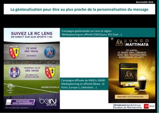Baromobile 2014
La géolocalisation pour être au plus proche de la personnalisation du message
Campagne géolocalisée sur Lens et région
Médiaplanning en affinité (Télé7jours, RTL Foot …)
Campagne diffusée de 6h00 à 10h00
Médiaplanning en affinité (News : le
Point, Europe 1, Libération …)
 