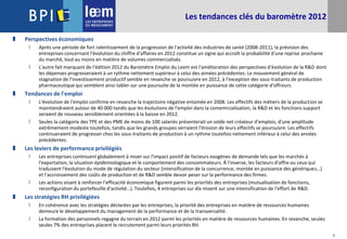 5
Les tendances clés du baromètre 2012
 Perspectives économiques
 Après une période de fort ralentissement de la progression de l'activité des industries de santé (2008-2011), la prévision des
entreprises concernant l'évolution du chiffre d'affaires en 2012 constitue un signe qui accroît la probabilité d'une reprise prochaine
du marché, tout au moins en matière de volumes commercialisés.
 L'autre fait marquant de l'édition 2012 du Baromètre Emploi du Leem est l'amélioration des perspectives d'évolution de la R&D dont
les dépenses progresseraient à un rythme nettement supérieur à celui des années précédentes. Le mouvement général de
stagnation de l'investissement productif semble en revanche se poursuivre en 2012, à l'exception des sous-traitants de production
pharmaceutique qui semblent ainsi tabler sur une poursuite de la montée en puissance de cette catégorie d'offreurs.
 Tendances de l'emploi
 L'évolution de l'emploi confirme en revanche la trajectoire négative entamée en 2008. Les effectifs des métiers de la production se
maintiendraient autour de 40 000 tandis que les évolutions de l'emploi dans la comemrcialisation, la R&D et les fonctions support
seraient de nouveau sensiblement orientées à la baisse en 2012.
 Seules la catégorie des TPE et des PME de moins de 100 salariés présenterait un solde net créateur d'emplois, d'une amplitude
extrêmement modeste toutefois, tandis que les grands groupes verraient l'érosion de leurs effectifs se poursuivre. Les effectifs
continueraient de progresser chez les sous-traitants de production à un rythme toutefois nettement inférieur à celui des années
précédentes.
 Les leviers de performance privilégiés
 Les entreprises continuent globalement à miser sur l'impact positif de facteurs exogènes de demande tels que les marchés à
l'exportation, la situation épidémiologique et le comportement des consommateurs. À l'inverse, les facteurs d'offre ou ceux qui
traduisent l'évolution du mode de régulation du secteur (intensification de la concurrence, montée en puissance des génériques…)
et l'accroissement des coûts de production et de R&D semble devoir peser sur la performance des firmes.
 Les actions visant à renforcer l'efficacité économique figurent parmi les priorités des entreprises (mutualisation de fonctions,
reconfiguration du portefeuille d'activité…). Toutefois, 4 entreprises sur dix misent sur une intensification de l'effort de R&D.
 Les stratégies RH privilégiées
 En cohérence avec les stratégies déclarées par les entreprises, la priorité des entreprises en matière de ressources humaines
demeure le développement du management de la performance et de la transversalité.
 La formation des personnels regagne du terrain en 2012 parmi les priorités en matière de ressources humaines. En revanche, seules
seules 7% des entreprises placent le recrutement parmi leurs priorités RH.
 