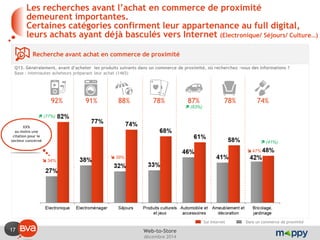 17 
décembre 2014 
Web-to-Store 
Les recherches avant l’achat en commerce de proximité demeurent importantes. Certaines catégories confirment leur appartenance au full digital, leurs achats ayant déjà basculés vers Internet (Electronique/ Séjours/ Culture…) 
Recherche avant achat en commerce de proximité 
Q13. Généralement, avant d’acheter les produits suivants dans un commerce de proximité, où recherchez -vous des informations ? 
Base : internautes acheteurs préparant leur achat (1465) 
92% 
91% 
88% 
87% 
78% 
74% 
78% 
Dans un commerce de proximité 
Sur Internet 
 (83%) 
 (77%) 
 (41%) 
 34% 
 39% 
 47% 
XX% 
au moins une citation pour le secteur concerné  