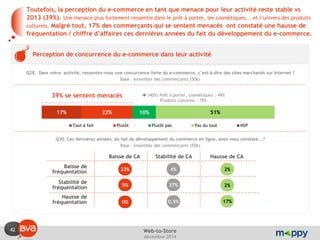 42 
décembre 2014 
Web-to-Store 
17% 
22% 
10% 
51% 
Tout à fait 
Plutôt 
Plutôt pas 
Pas du tout 
NSP 
Toutefois, la perception du e-commerce en tant que menace pour leur activité reste stable vs 2013 (39%). Une menace plus fortement ressentie dans le prêt à porter, les cosmétiques,.. et l’univers des produits culturels. Malgré tout, 17% des commerçants qui se sentent menacés ont constaté une hausse de fréquentation / chiffre d’affaires ces dernières années du fait du développement du e-commerce. 
Perception de concurrence du e-commerce dans leur activité 
Q28. Dans votre activité, ressentez-vous une concurrence forte du e-commerce, c’est-à-dire des sites marchands sur Internet ? Base : ensemble des commerçants (506) 
39% se sentent menacés 
33% 
Baisse de CA 
Stabilité de CA 
Hausse de CA 
Baisse de fréquentation 
Stabilité de fréquentation 
Hausse de fréquentation 
4% 
2% 
5% 
0% 
37% 
0,5% 
2% 
17% 
Q30. Ces dernières années, du fait du développement du commerce en ligne, avez-vous constaté….? Base : ensemble des commerçants (506) 
 (40%) Prêt à porter, cosmétiques : 49% 
Produits culturels : 78% 
 