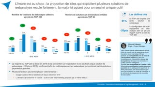Converteo – Baromètre Webanalyse et Tag Management – 2016 –
26% 26%
32%
8% 8%
24%
40%
18%
12%
6%
0 ou n.c. 1 2 3 4 et +
2015 2016
10%
32%
39%
12%
8%
12%
51%
28%
8%
3%
0 ou n.c. 1 2 3 4 et +
2015 2016
L’heure est au choix : la proportion de sites qui exploitent plusieurs solutions de
webanalyse recule fortement, la majorité optant pour un seul et unique outil
9
Nombre de solutions de webanalyse utilisées
par site du TOP 200
+19
-11
-4
Nombre de solutions de webanalyse utilisées
par site du TOP 50
+6
-4
-14
-2
+4
+2
-5
La majorité du TOP 200 a choisi en 2016 de se concentrer sur l’exploitation d’une seule et unique solution de
webanalyse (+20 pts vs 2015), confirmant la fin du multi-équipement en webanalyse, qui combinait parfois solutions
payantes et gratuites.
Plusieurs facteurs peuvent expliquer cette tendance :
• Google Analytics 360 est labellisé OJD depuis décembre 2015
• La tendance à fonctionner en « stack » (suite d’outils data-marketing proposés par un même éditeur)
51%
du TOP 200 exploite une
seule solution de
webanalyse
La configuration de multi-
équipement en web-
analyse perd 20 pts par
rapport à 2015 au sein du
TOP 200
-20pts
Deux critères ont été prépondérants dans le
choix du nouvel outil de webanalyse et son
inscription dans la stratégie d’Engie.
D’abord, sa compatibilité avec le reste de
l’écosystème média pour gérer les
investissements d’acquisition, et avec les
écosystèmes tiers pour les connecteurs
(CRM, business intelligence, ...).
Ensuite, son accessibilité au « métier » afin
d’en avoir une utilisation la plus autonome
possible via un catalogue de rapports et de
KPIs préexistants, des ressources en ligne
pour les formations, la clarté de l’interface, et
le rythme de développement de nouvelles
fonctionnalités.
Vincent Cabanis
Engie / Project Manager
Les chiffres clés
 