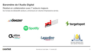 Baromètre de l’Audio Digital
Réalisé en collaboration avec 7 acteurs majeurs
Sur la base de déclaratifs secteurs, annonceurs en volume d’impressions servies
Baromètre de l’Audio Digital – 1er trimestre 2021
Nouveau déclarant 2021
sans reprise d’historique
2
 