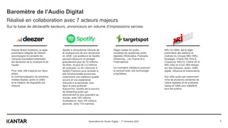 Deezer Brand Solutions, la régie
publicitaire intégrée de Deezer,
accompagne et conseille les
marques souhaitant préempter
les territoires de la musique et de
l'audio.
Pour cela, elle s'appuie sur deux
piliers :
la commercialisation de solutions
médias display, audio et vidéo
et la création de dispositifs sur-
mesure.
Régie Leader en audio ,
monétise les audiences audio
digitales (Webradios, Podcasts,
Streaming...) en France et à
l'international.
Un inventaire d'éditeurs premium
et exclusif avec une technologie
propriétaire.
Baromètre de l’Audio Digital
Réalisé en collaboration avec 7 acteurs majeurs
Sur la base de déclaratifs secteurs, annonceurs en volume d’impressions servies
NRJ GLOBAL est la régie
publicitaire des stations et
chaînes du Groupe NRJ (NRJ,
Nostalgie, Chérie FM, Rire &
Chansons, NRJ12, Chérie 25 et
NRJ Hits) et d’une offre élargie
sur ses marques, audio, vidéo,
digital, influence et événements.
Son offre audio est notamment
riche de plusieurs centaines de
radios digitales et de podcasts
replay et natifs pour satisfaire
tous les publics.
Spotify a révolutionné l'écoute de
la musique lors de son lancement
en 2008. Les auditeurs de Spotify
peuvent découvrir et partager
gratuitement plus de 70 millions
de titres, et plus de 2,2 millions
de podcasts, ou de s’abonner à
Spotify Premium pour accéder à
des fonctionnalités exclusives,
notamment une meilleure qualité
sonore et une expérience
d'écoute à la demande, hors
ligne et sans publicité.
Aujourd'hui, Spotify est le service
de streaming audio par
abonnement le plus populaire au
monde, avec 345 millions
d'utilisateurs, dont 155 millions
abonnés, dans 170 marchés.
Baromètre de l’Audio Digital – 1er trimestre 2021 3
 