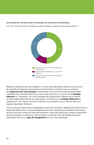 40
Résultat intéressant de cette enquête : la moitié des répondants estiment ne pas avoir
de véritable stratégie de réponse face à l'avènement du digital, mais au contraire
des approches par trop tactiques, matérialisées sous forme d'initiatives ponctuelles
insuffisamment coordonnées entre chacune des directions. Le choix d’une stratégie
offensive ou d’attaque, qui vise à exploiter les opportunités offertes par le digital,
est davantage plébiscité par les répondants, à l’inverse d’une stratégie défensive et
adaptative, qui cherche surtout le maintien d’une position sur un marché dans une
logique davantage follower.
Parmi toutes les approches envisageables (purement tactiques, délibérément offensives ou
largement défensives), il convient également de tenir compte de la spécificité de chaque
secteur d'activité (niveau de désintermédiation, risque de substitution, degré d'avènement
des technologies numériques), comme de leur niveau de maturité digitale existante,
nécessitant dès lors un plan de changement plus ou moins drastique.
2.5	Face à l'expansion du digital, quelle stratégie a adopté votre organisation ?
50%
12%
38%
Approche tactique (initiatives ponctuelles peu
coordonnées)
Stratégie défensive (adaptation / maintien des
positions)
Stratégie offensive (exploitation systèmatique
des opportunités)
Les approches tactiques sont privilégiées aux approches stratégiques
 
