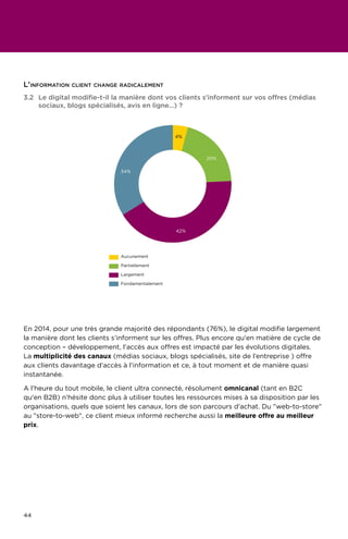 44
En 2014, pour une très grande majorité des répondants (76%), le digital modifie largement
la manière dont les clients s’informent sur les offres. Plus encore qu'en matière de cycle de
conception – développement, l'accès aux offres est impacté par les évolutions digitales.
La multiplicité des canaux (médias sociaux, blogs spécialisés, site de l’entreprise ) offre
aux clients davantage d’accès à l’information et ce, à tout moment et de manière quasi
instantanée.
A l’heure du tout mobile, le client ultra connecté, résolument omnicanal (tant en B2C
qu'en B2B) n’hésite donc plus à utiliser toutes les ressources mises à sa disposition par les
organisations, quels que soient les canaux, lors de son parcours d’achat. Du web-to-store
au store-to-web, ce client mieux informé recherche aussi la meilleure offre au meilleur
prix.
3.2	 Le digital modifie-t-il la manière dont vos clients s'informent sur vos offres (médias
sociaux, blogs spécialisés, avis en ligne…) ?
34%
4%
20%
42%
Aucunement
Partiellement
Largement
Fondamentalement
L'information client change radicalement
 